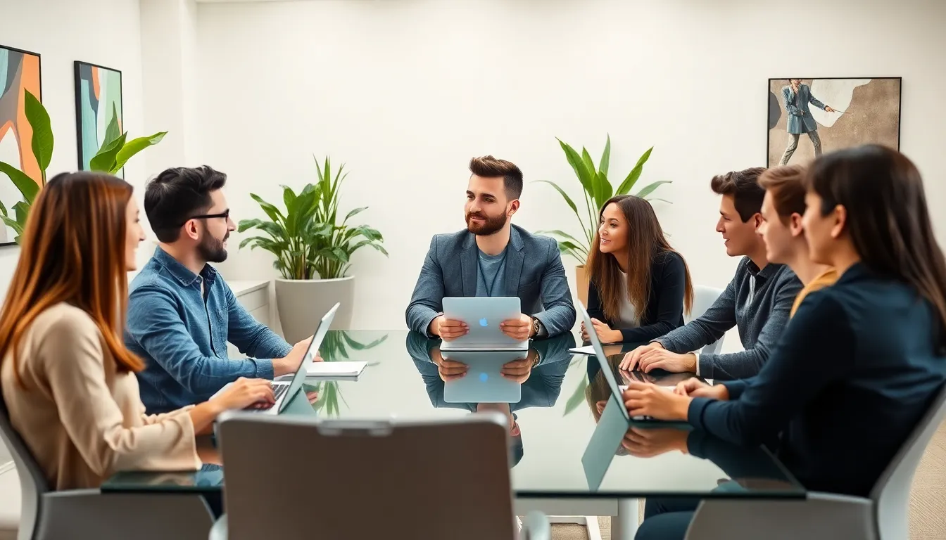 Tech guru Benjamin leading a diverse team discussion in a modern office.