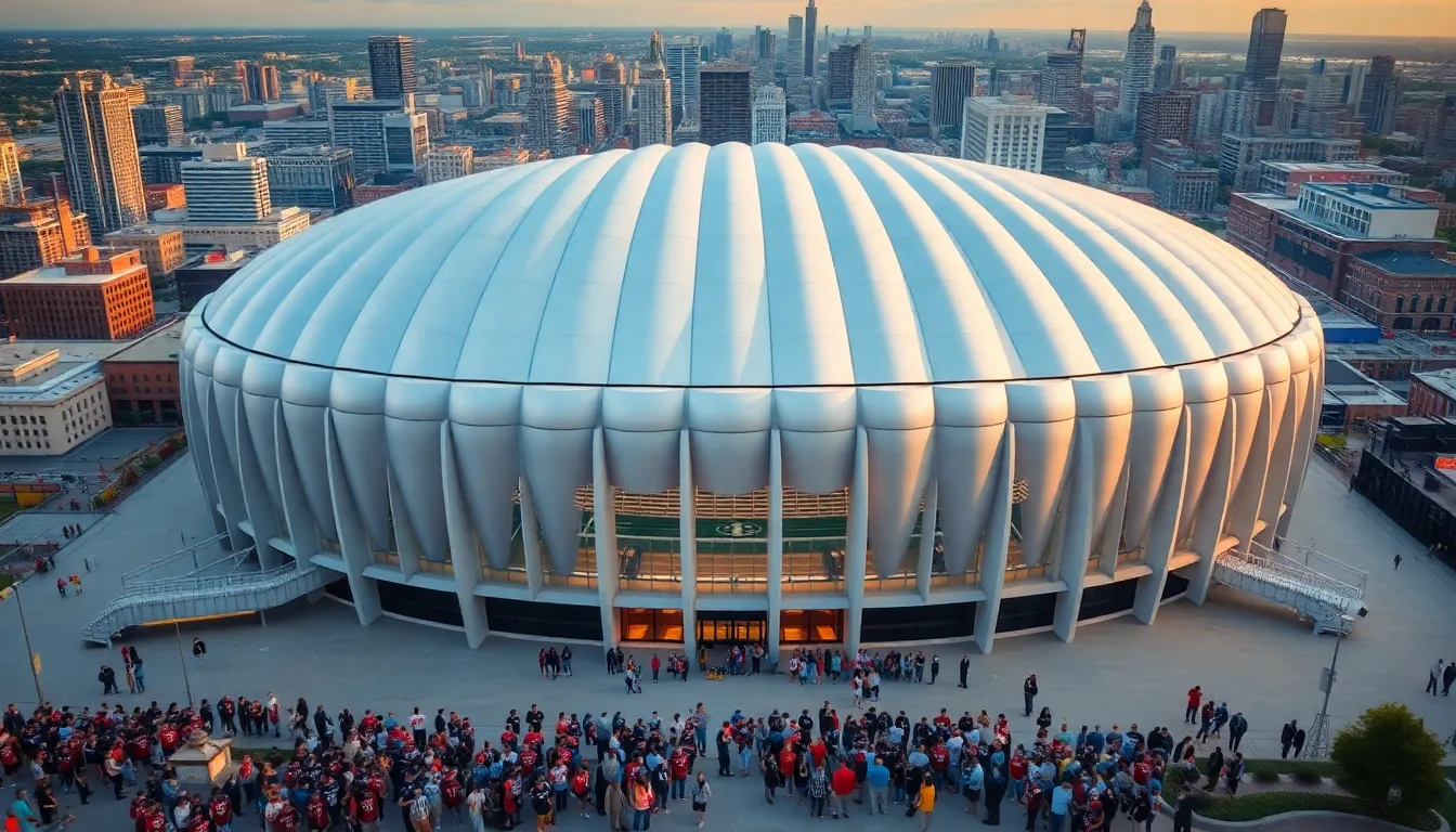 renovated Superdome with a diverse crowd celebrating outside.
