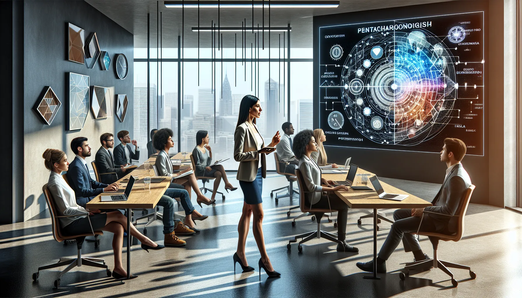 scholars discussing pentachronism in a modern conference room.