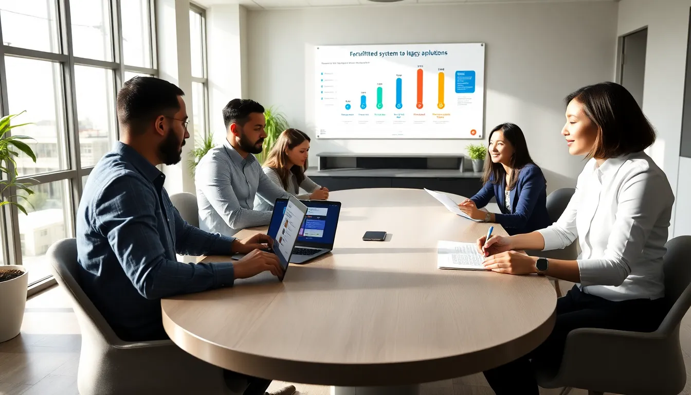 team discussing legacy systems in a modern office.