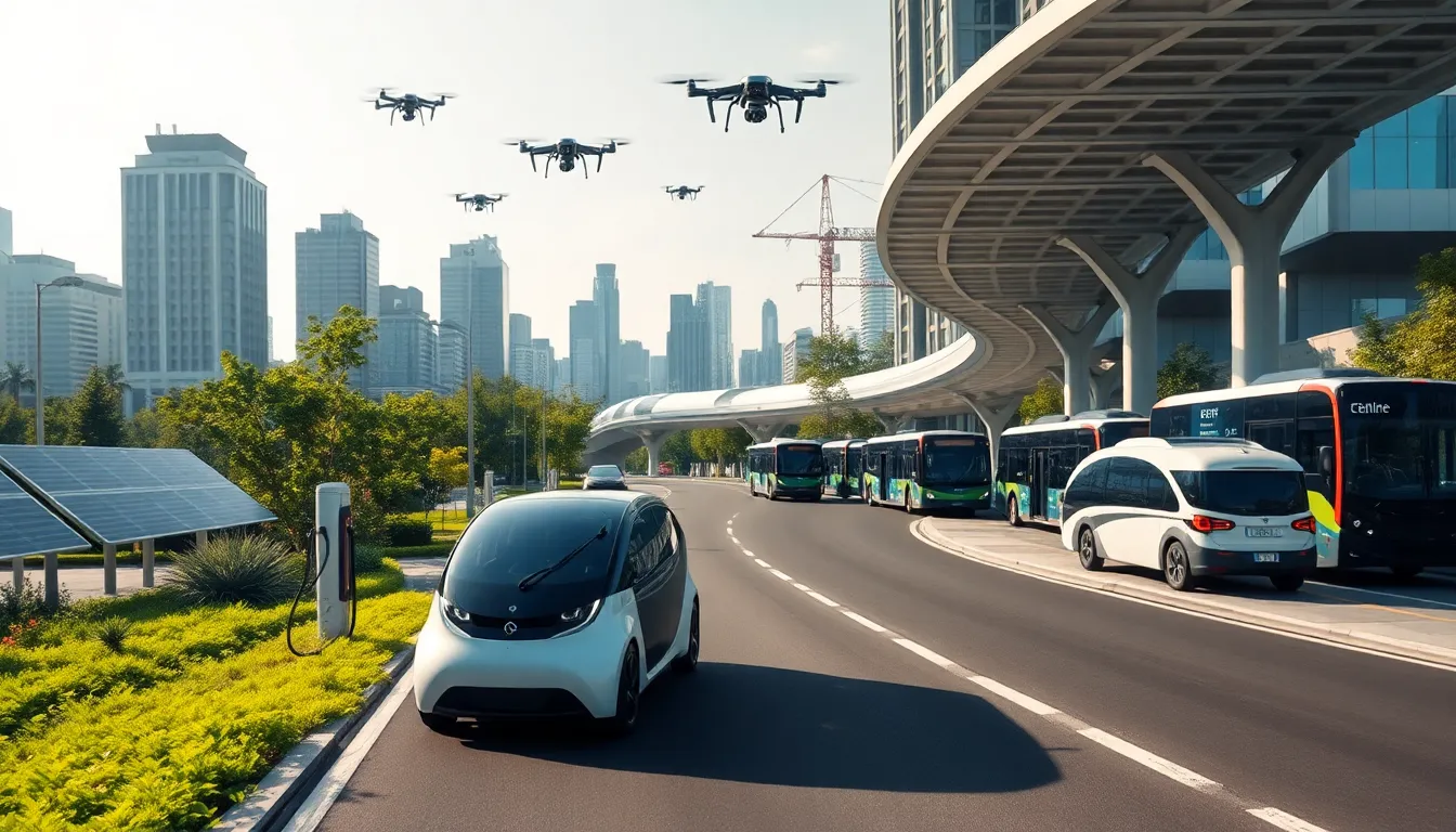 futuristic urban scene with emerging transportation technologies including autonomous and electric vehicles.