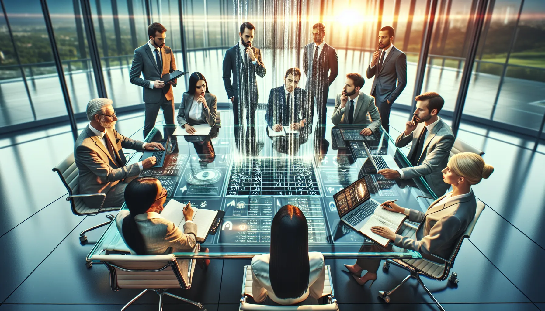 diverse professionals discussing phone communications in a modern office.