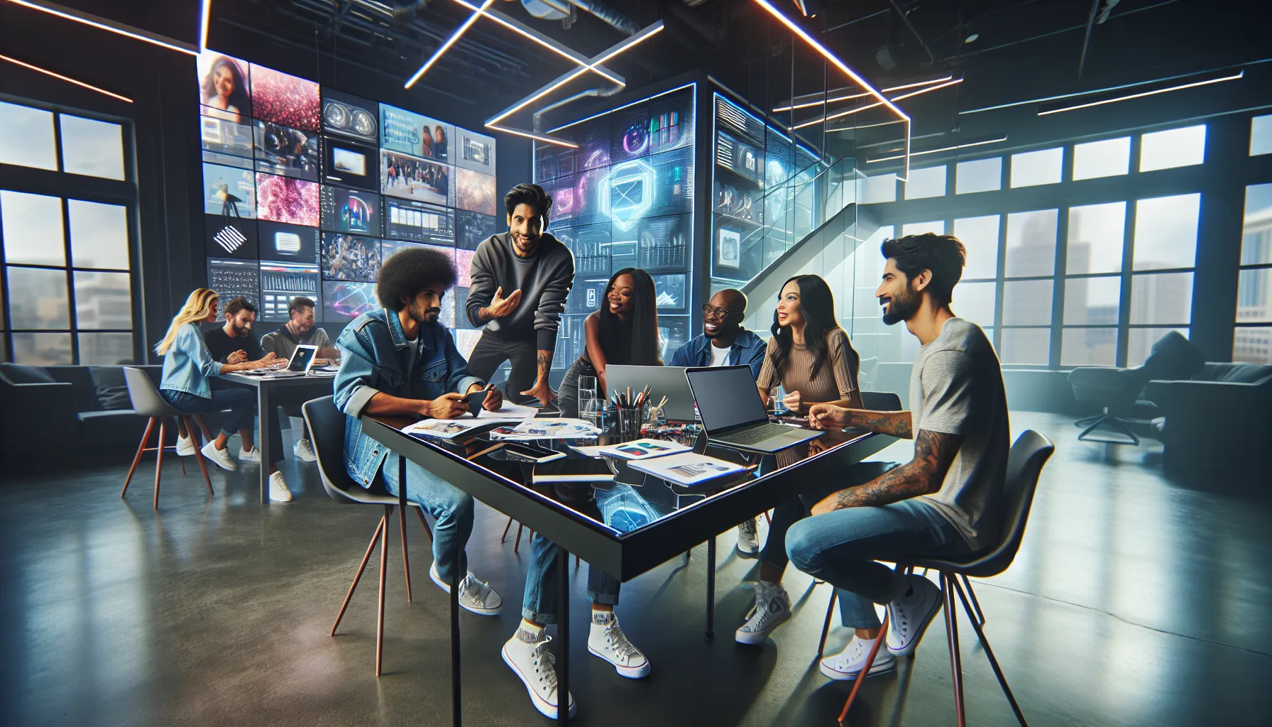 diverse creators collaborating in a modern studio setting.