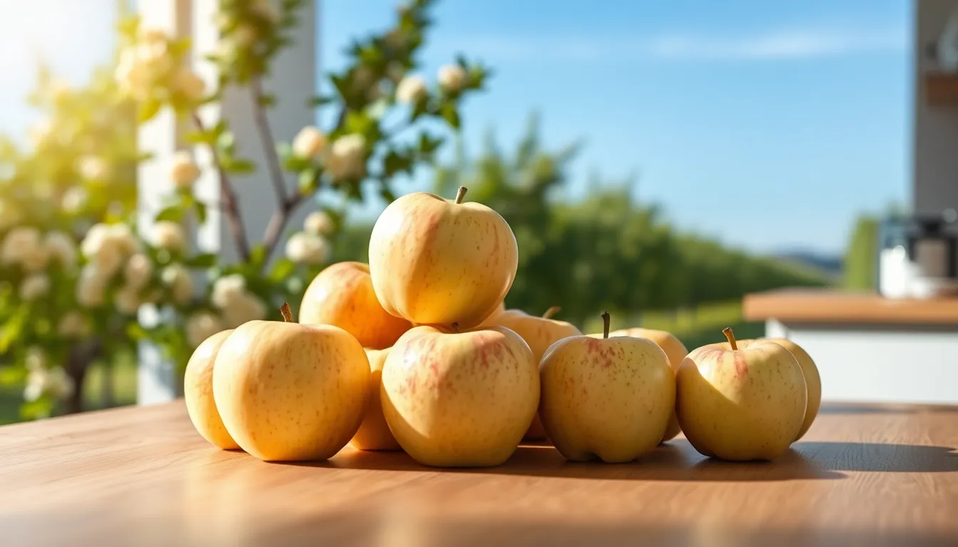 Fresh Bitclassic Applewhite apples on a wooden kitchen table.