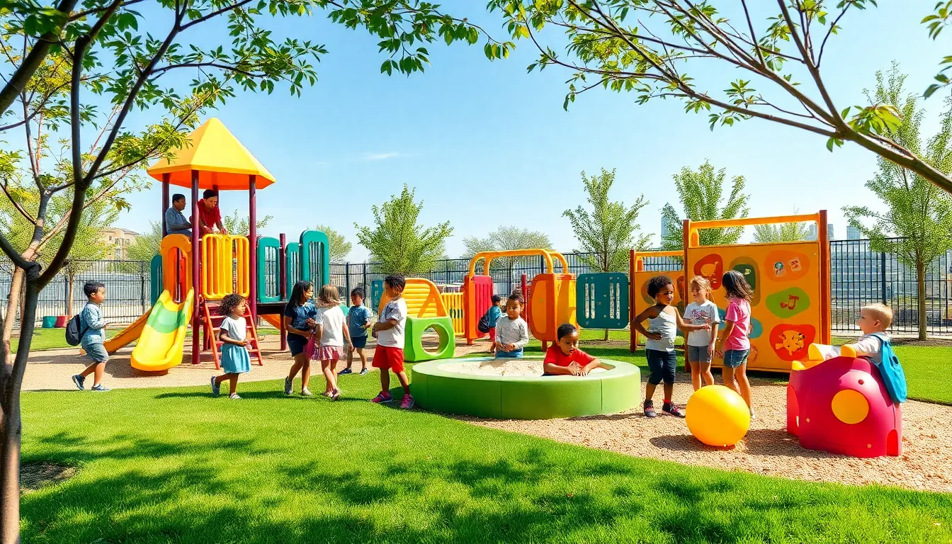 children playing on colorful outdoor play equipment.