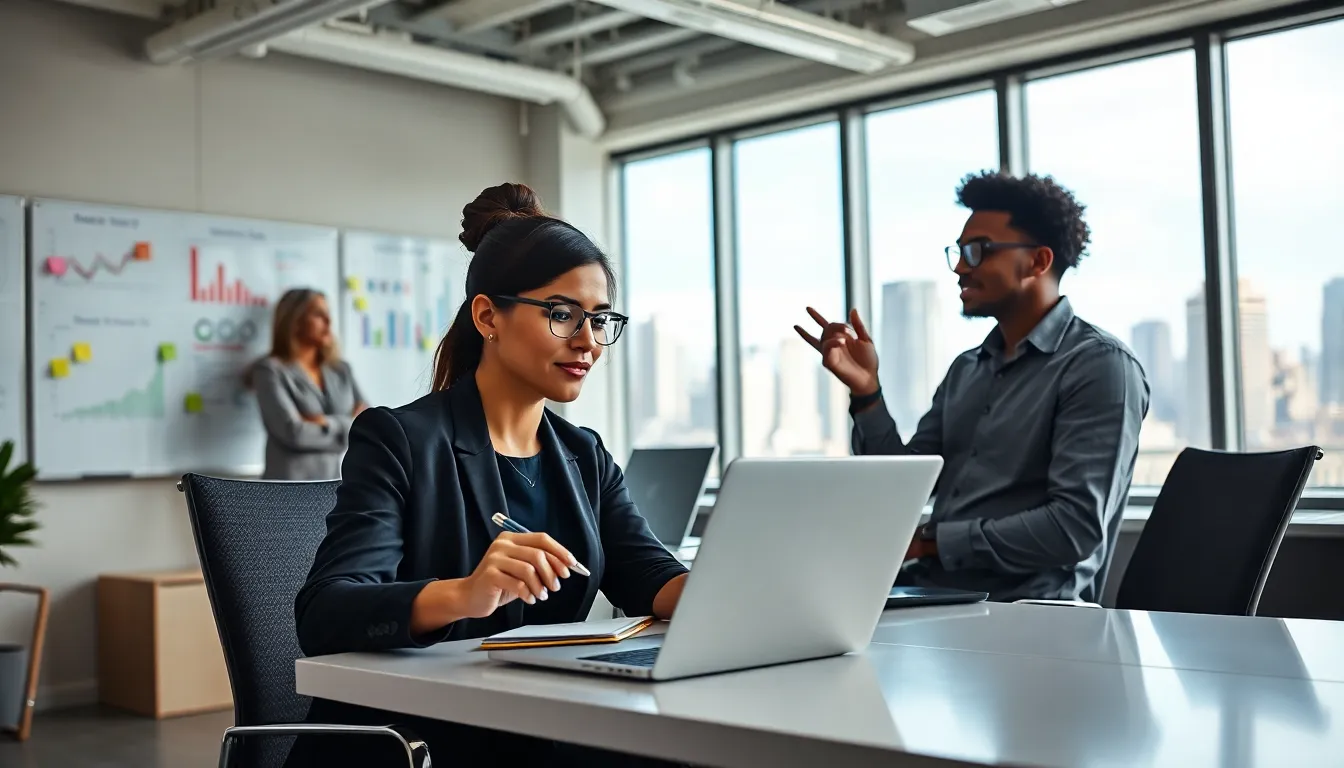 a diverse digital marketing team collaborating in a modern office.