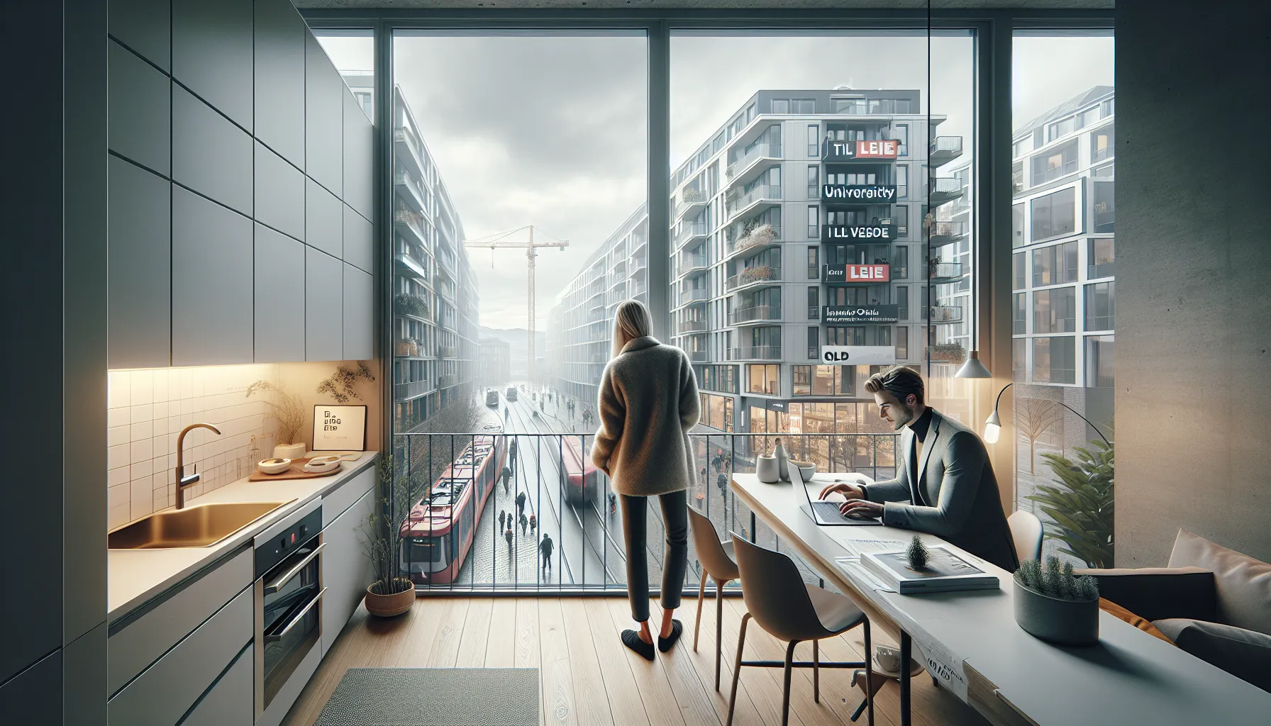 Young couple reviews a compact oslo apartment with city transit visible outside.