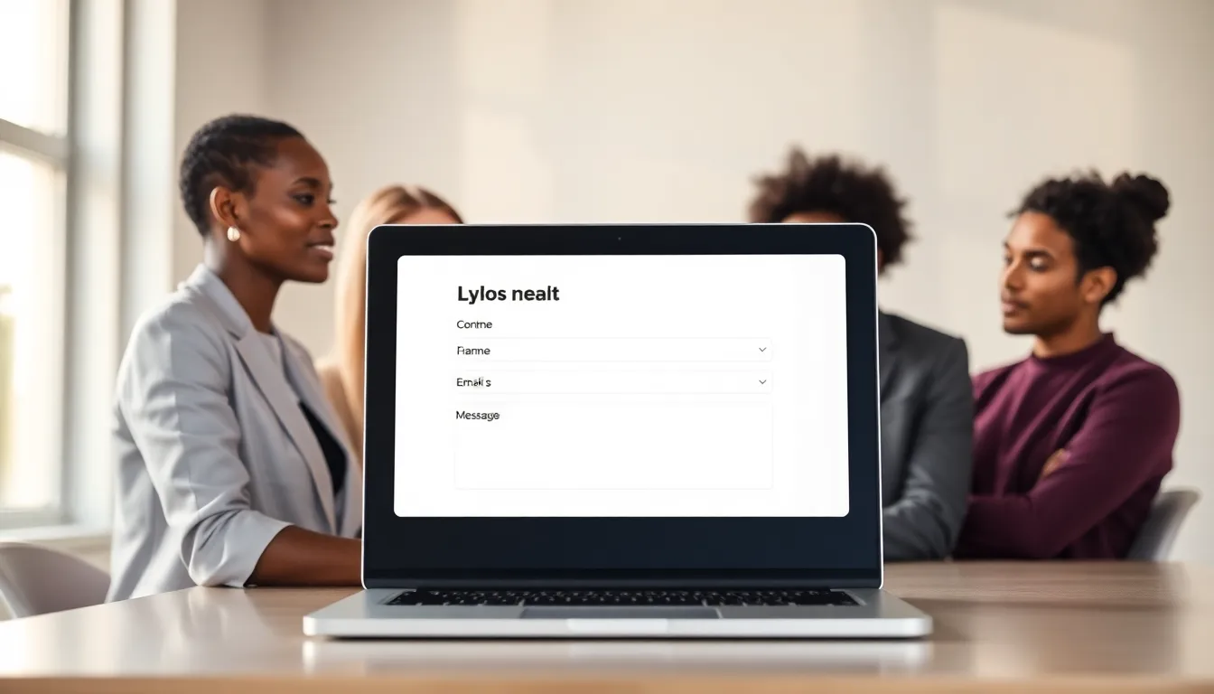 diverse professionals engaging around a contact form on a laptop.