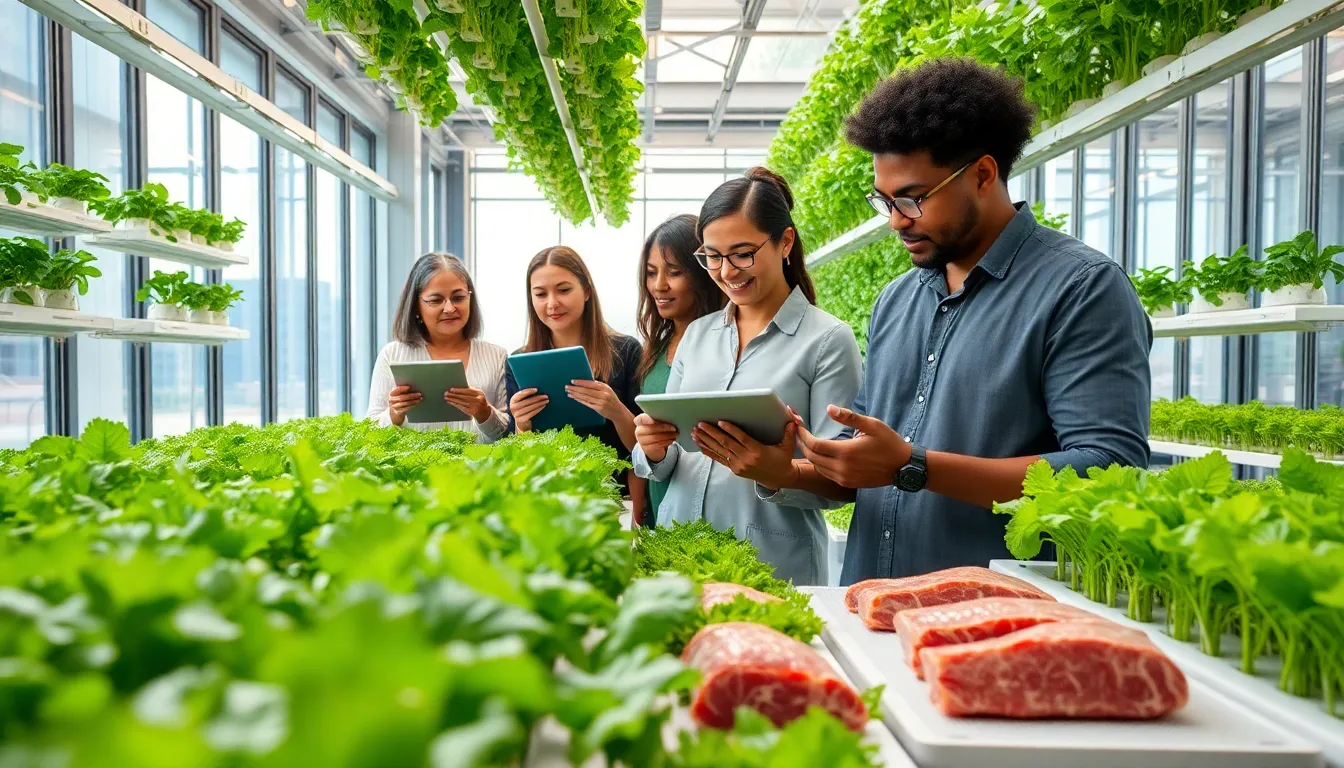 diverse team in a high-tech vertical farm monitoring fresh produce.