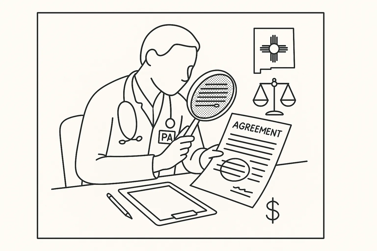 PA at desk closely examining a contract with New Mexico, justice, and money icons of New Mexico Physician Assistant Contract Review.