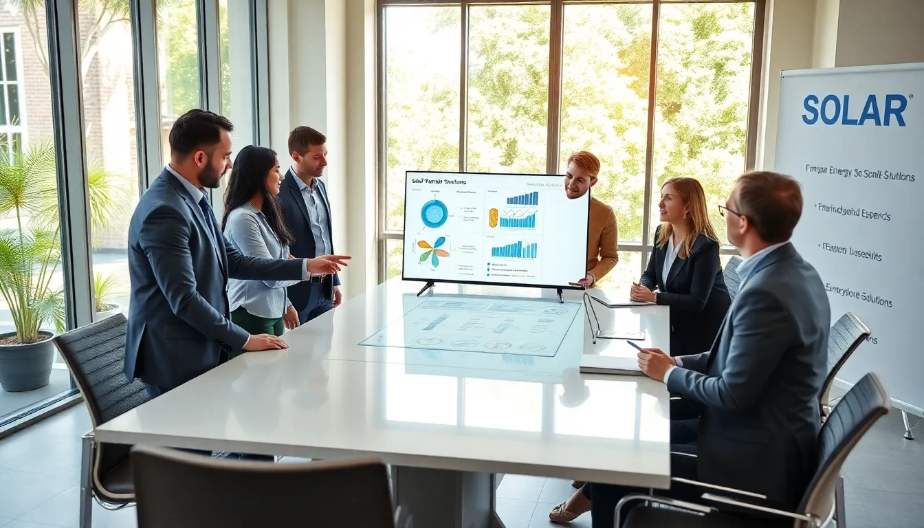 professionals discussing solar panel systems in a modern office.