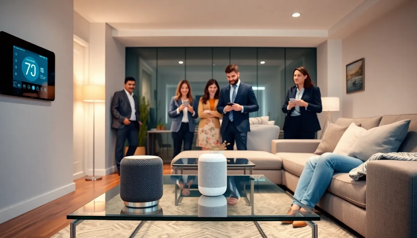 modern living room with smart gadgets and diverse professionals