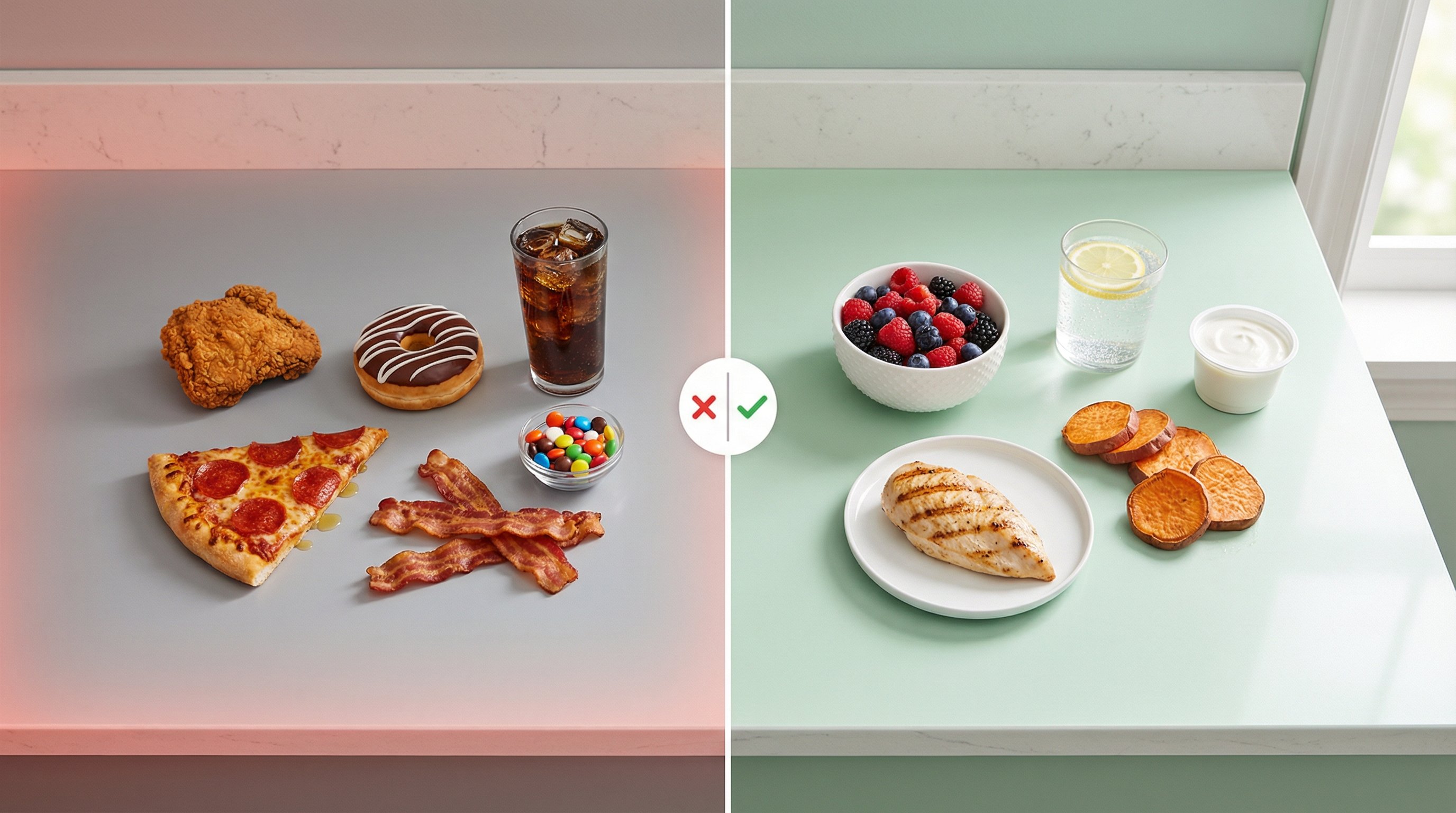 Overhead view comparing foods to avoid and healthier alternatives on semaglutide.