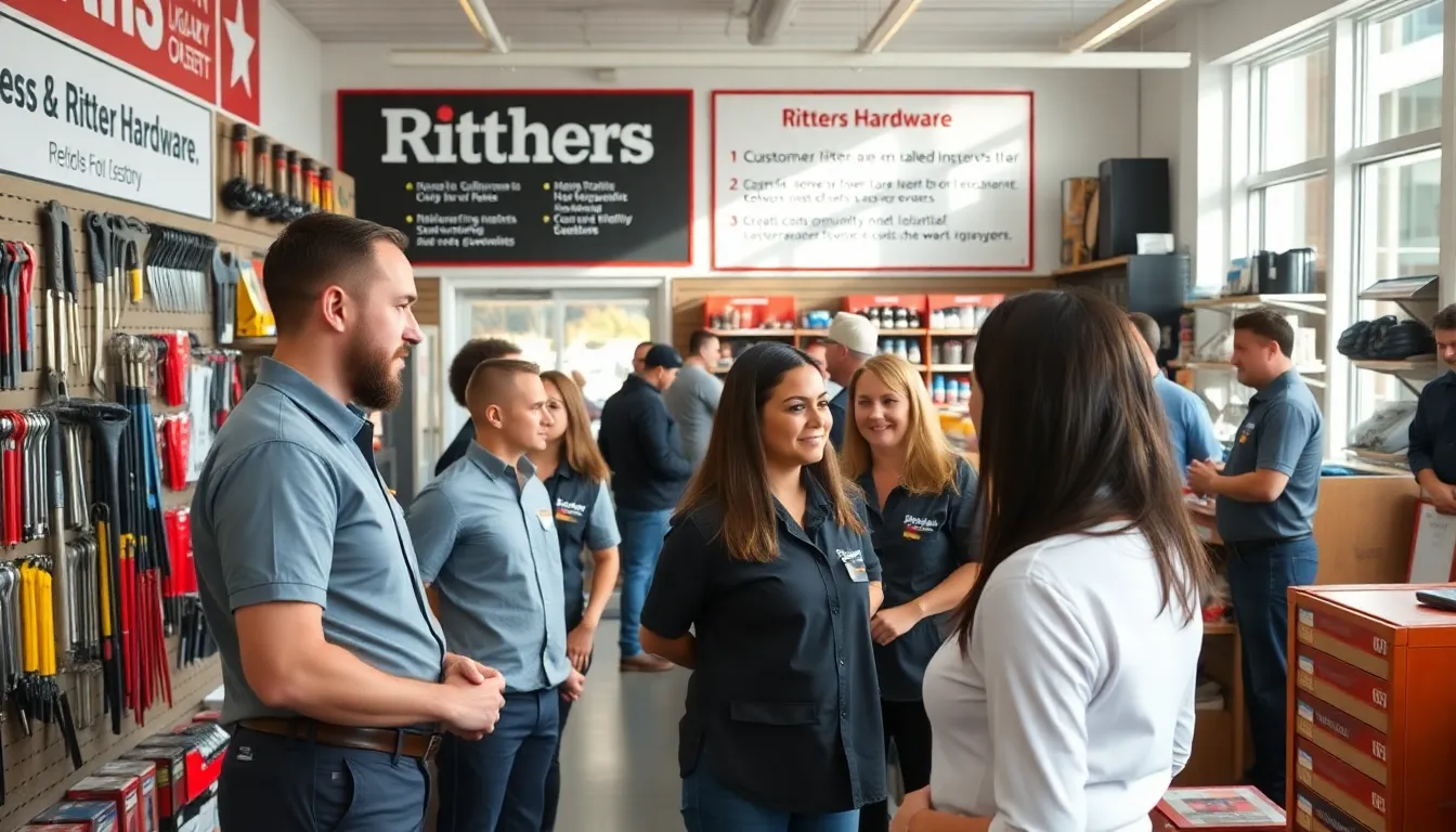 modern hardware store interior with staff assisting customers.
