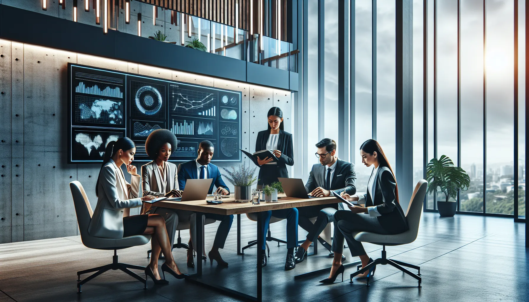 diverse professionals collaborating in a modern office setting.