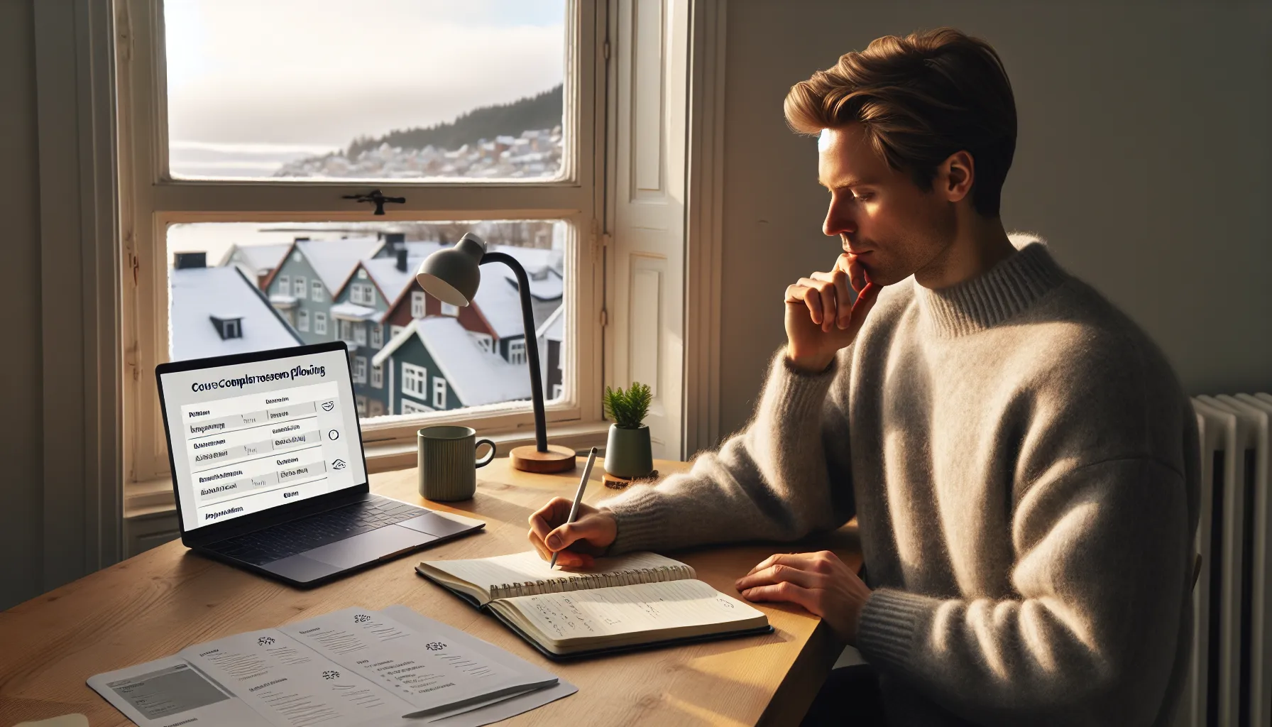 Person in norway planning goals and comparing personal development online courses.