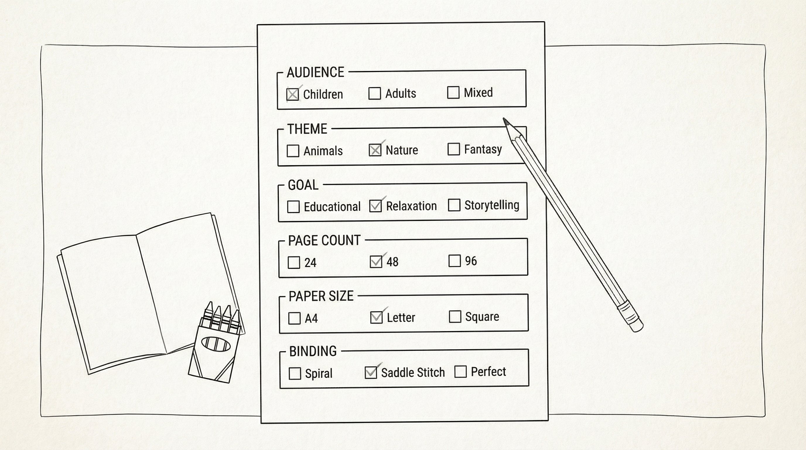 A worksheet for planning a custom coloring book with pencil and booklet outline.