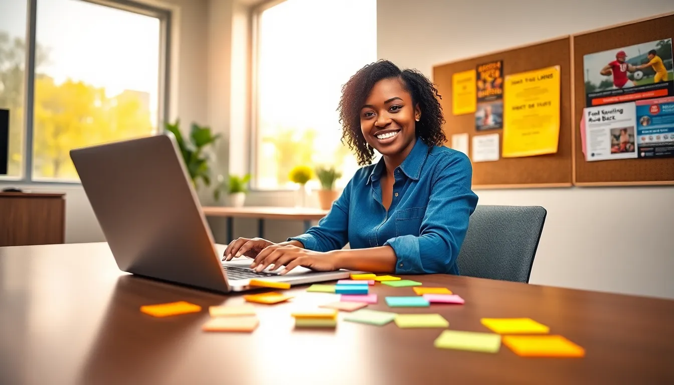 A woman working at a desk in a lively office, with sports memorabilia around.