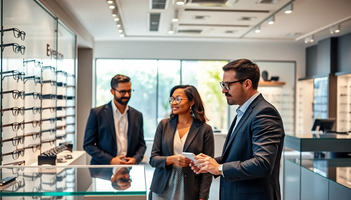 optician assisting a couple in a modern eyewear boutique.
