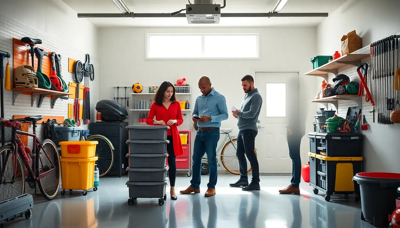 Diverse team organizing tools and equipment in a bright, efficient garage.