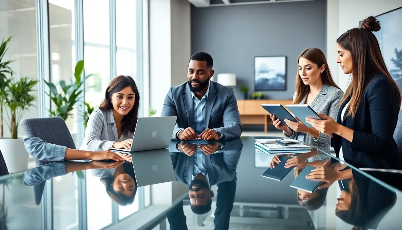 diverse team discussing regulatory change management software in a modern office.