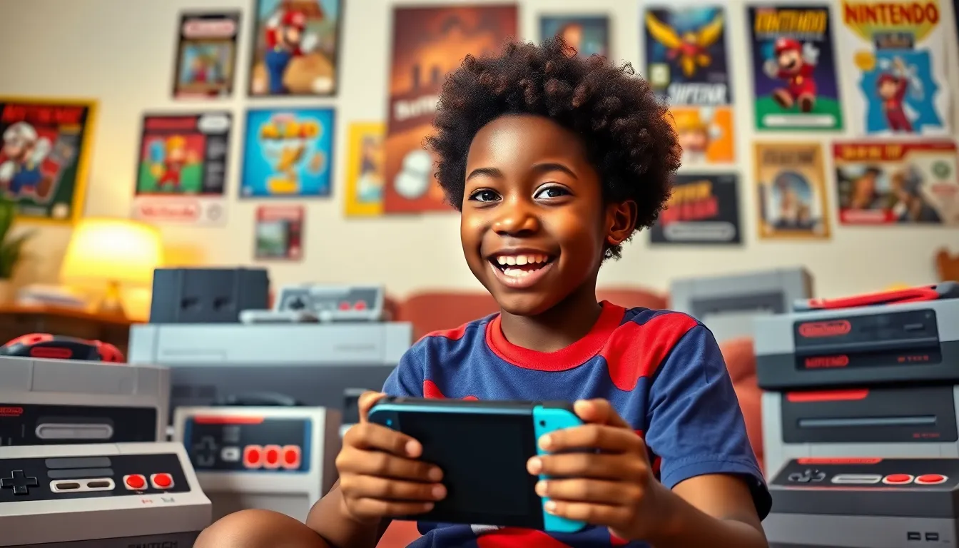 A boy playing with various Nintendo consoles in a cozy living room.