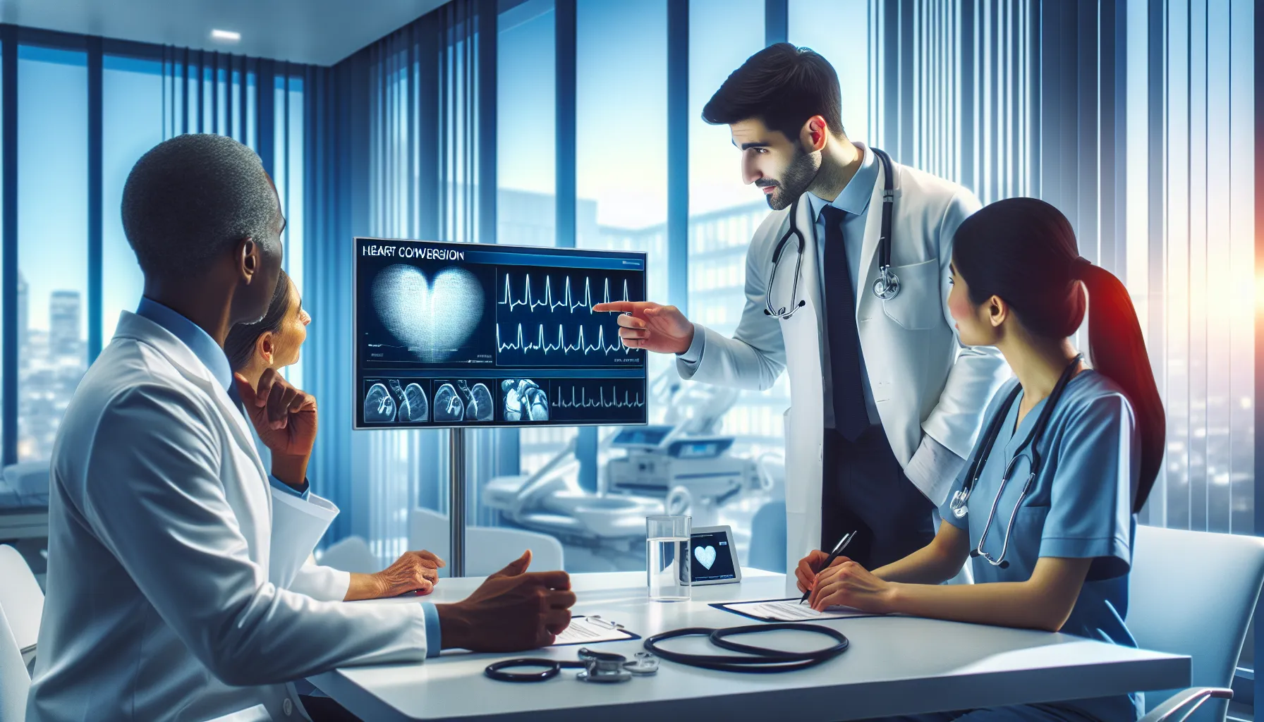 medical team discussing hj&auml;rtaconversion in a modern healthcare setting.