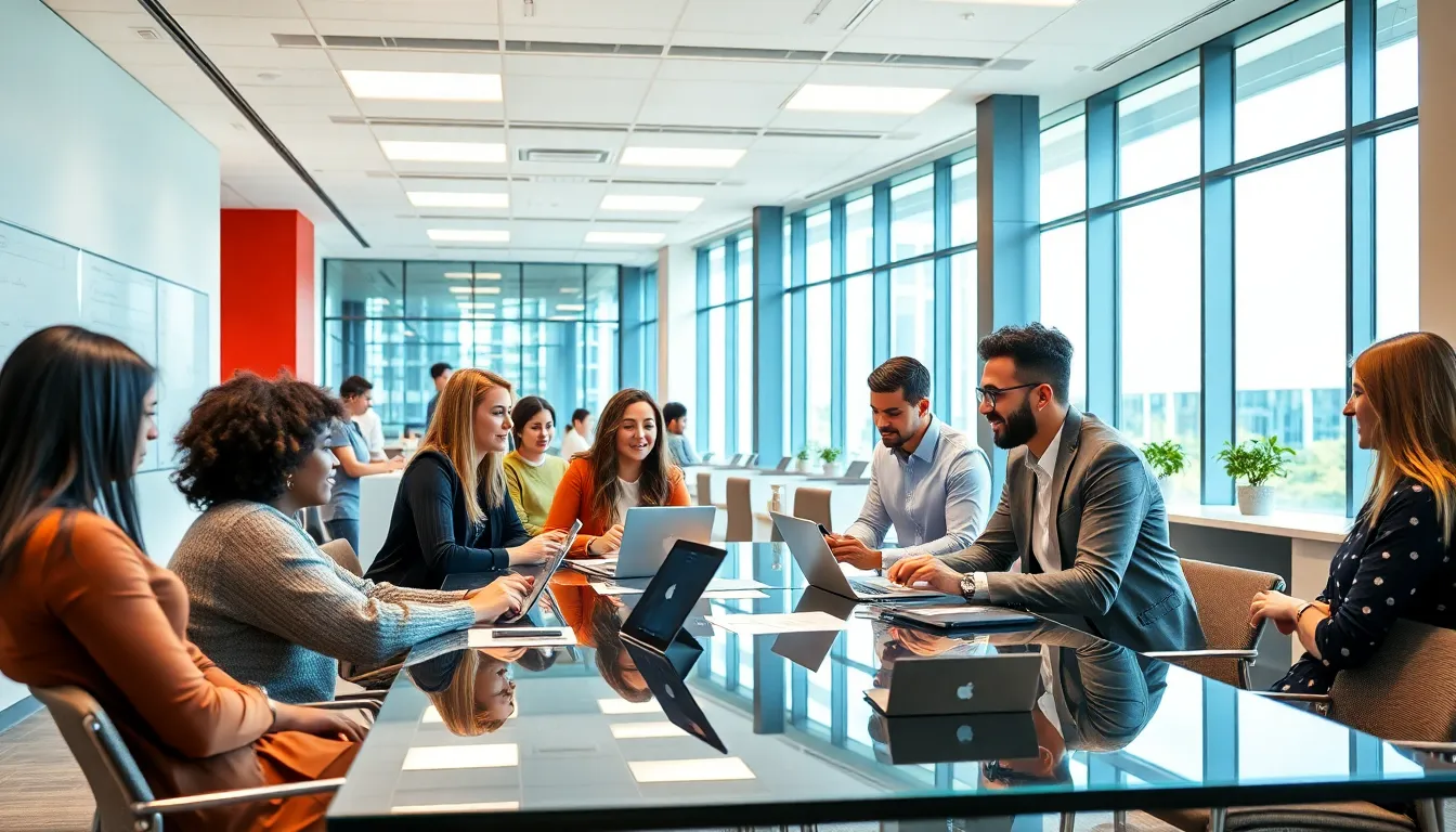 diverse students collaborating in a modern college campus.