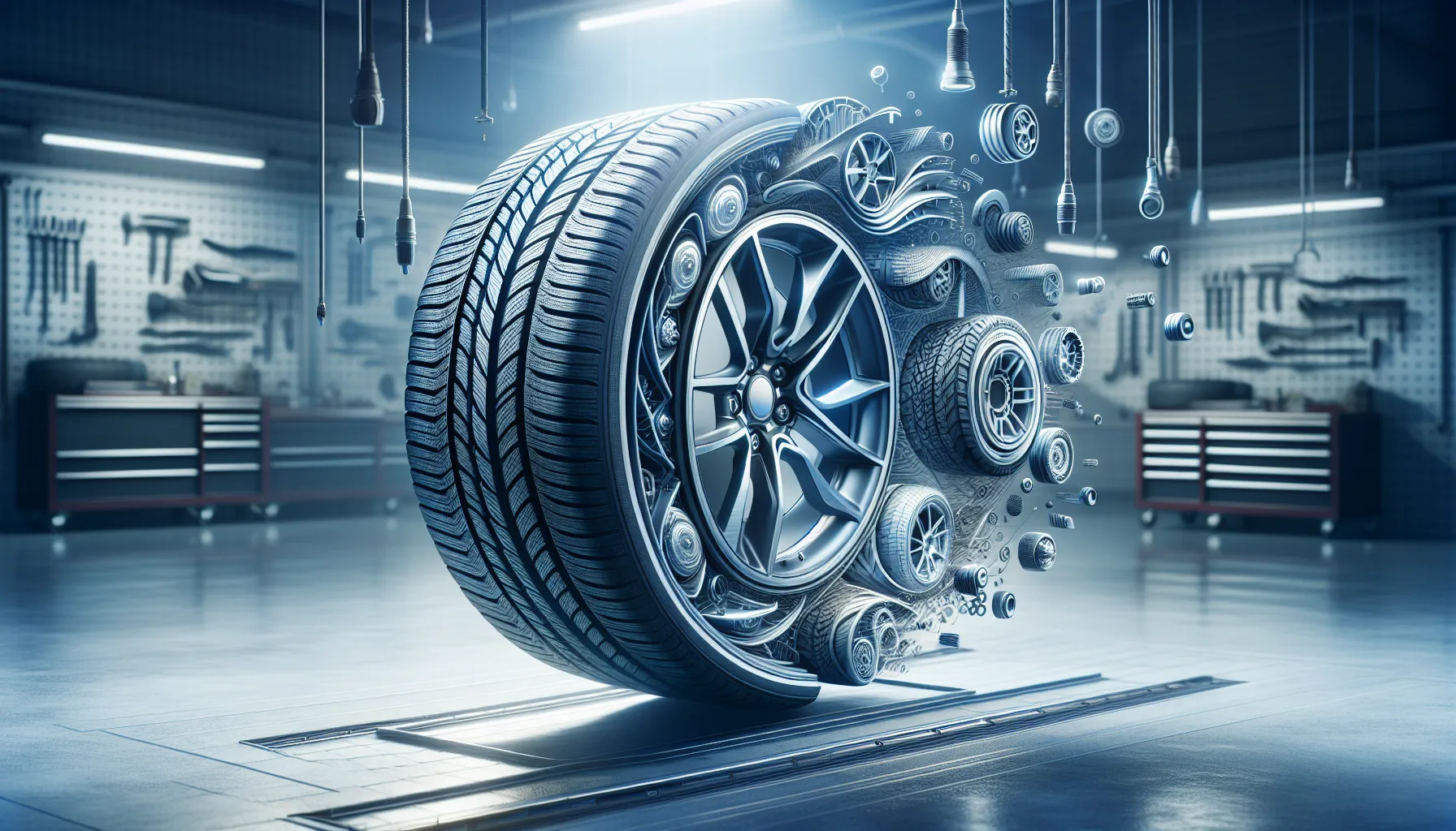 Comparison between summer tires and all-season tires on a clean garage floor.