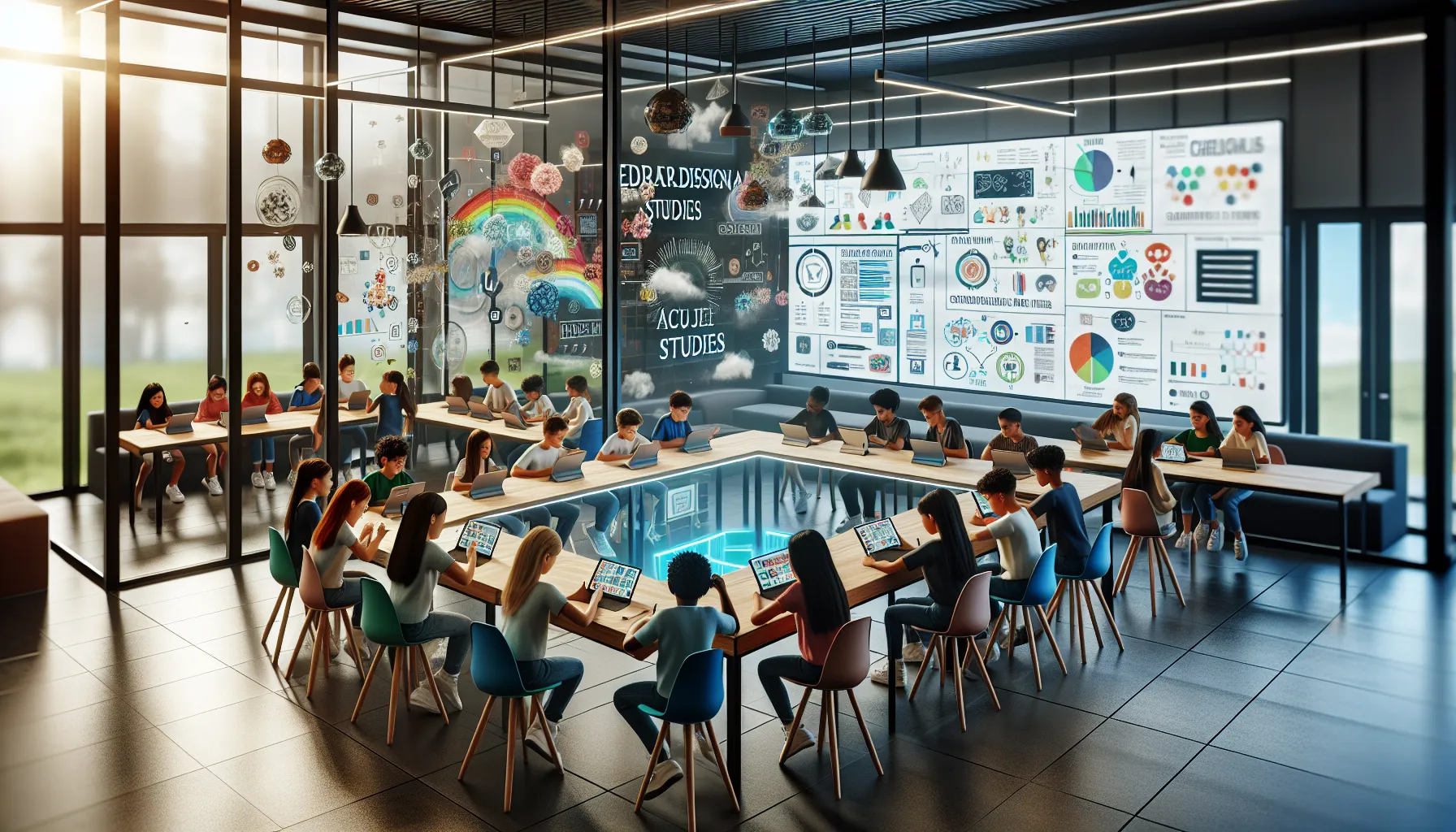 diverse students collaborating in a modern classroom.