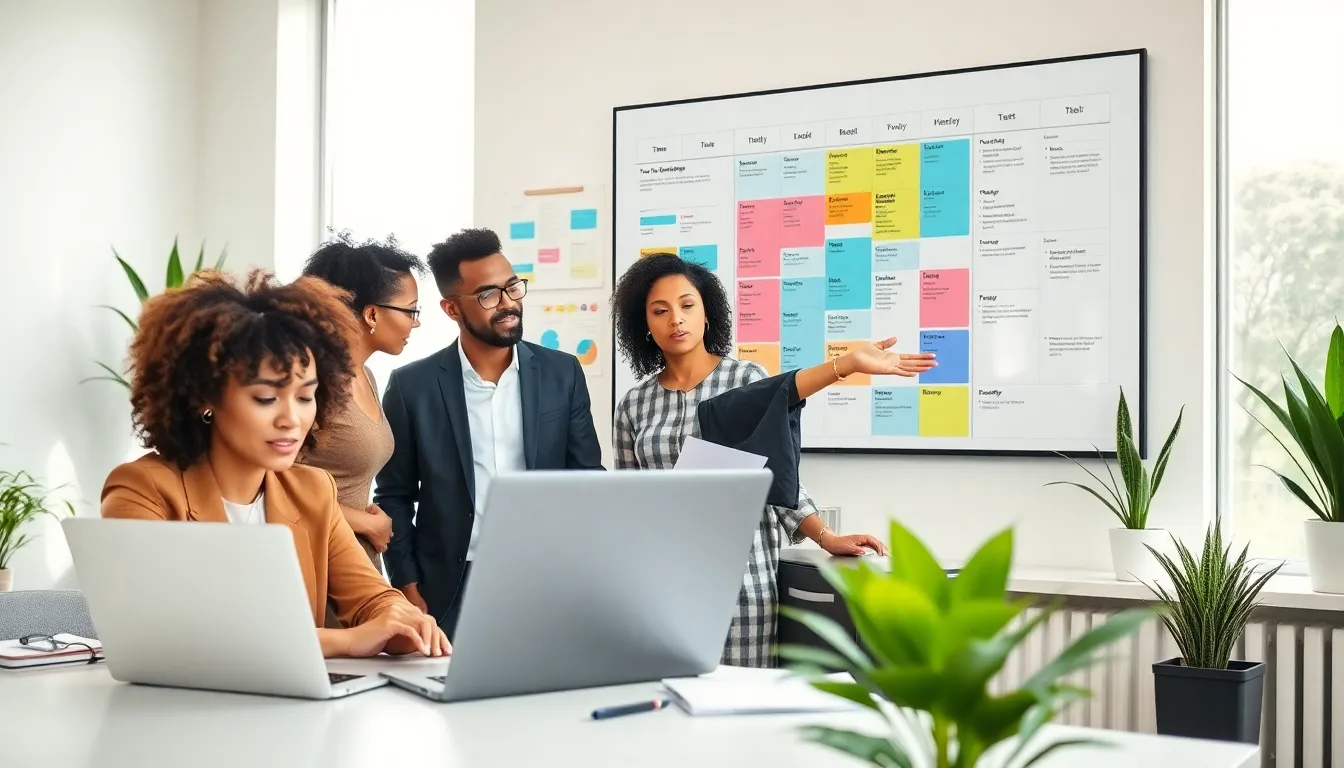 diverse professionals collaborating in a modern workspace on productivity tips.