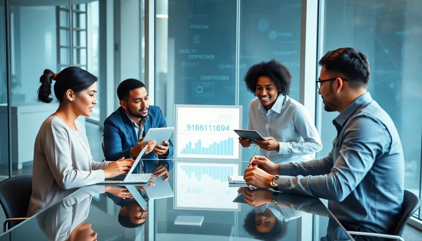 diverse professionals discussing data in a modern office.
