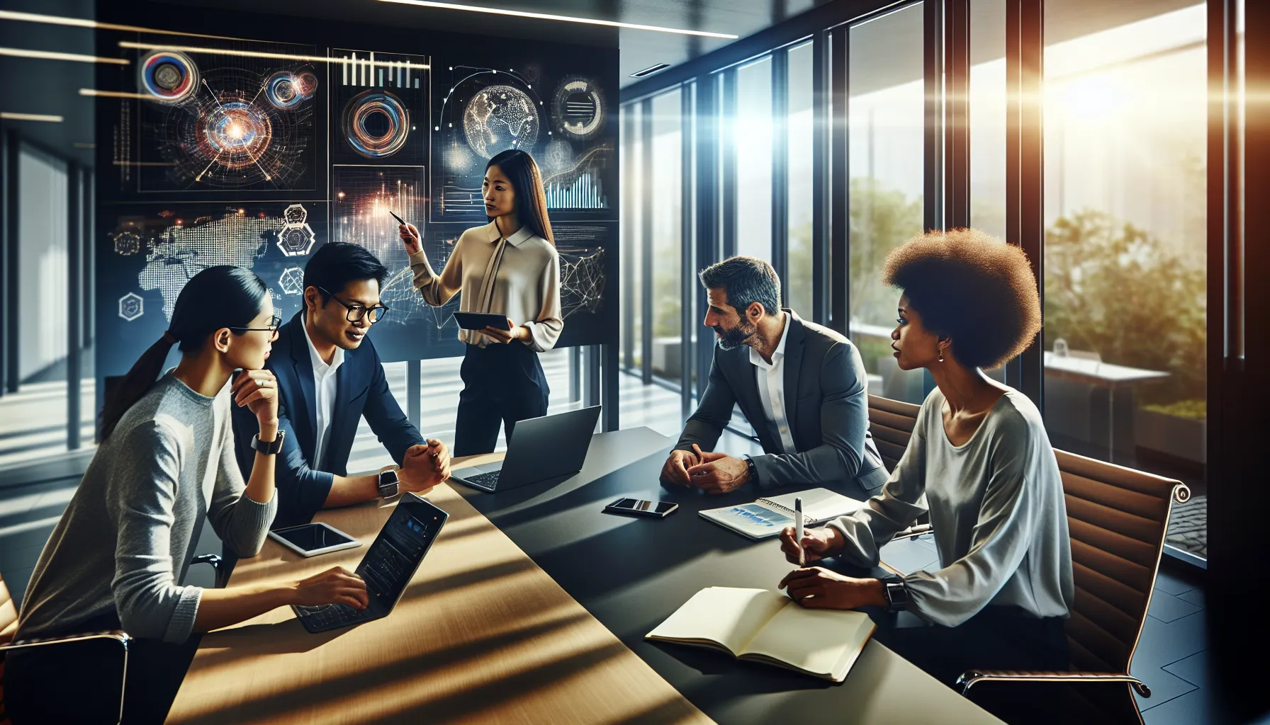 Four professionals discussing digital innovation in a modern office.