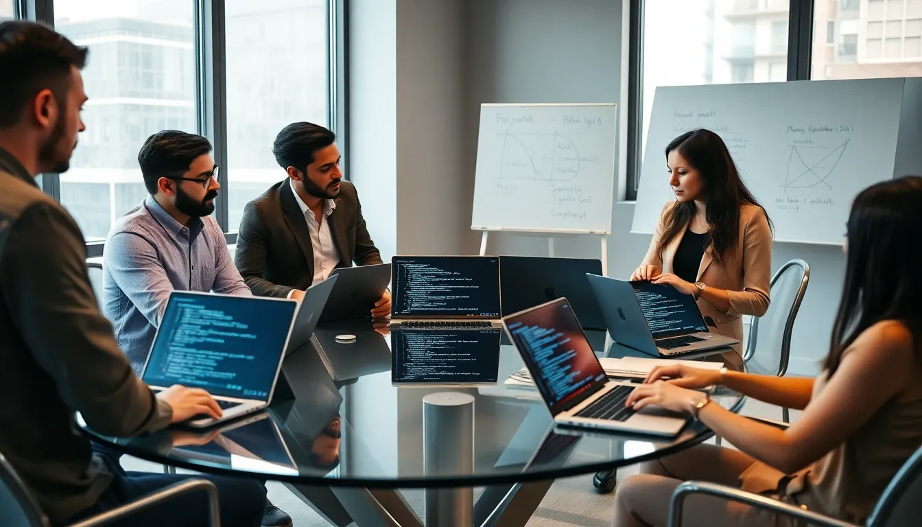 professionals collaborating on Python programming in a modern office.