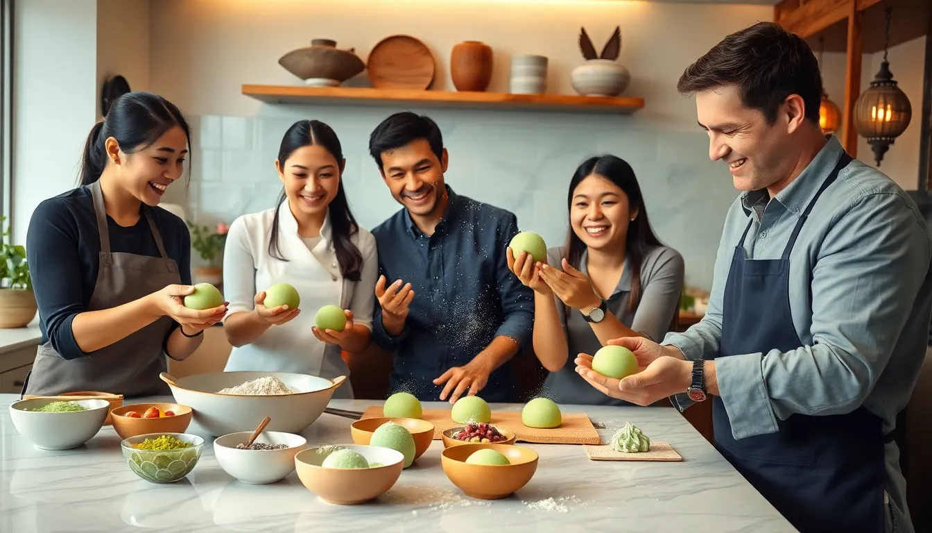 group making green mochi in a welcoming kitchen.