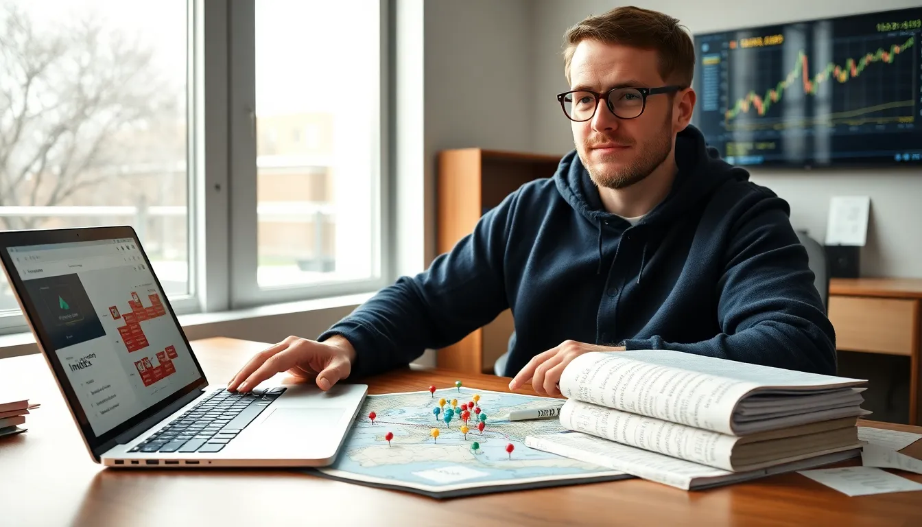 Engineer pointing to a mapped index on a desk with laptop and book.
