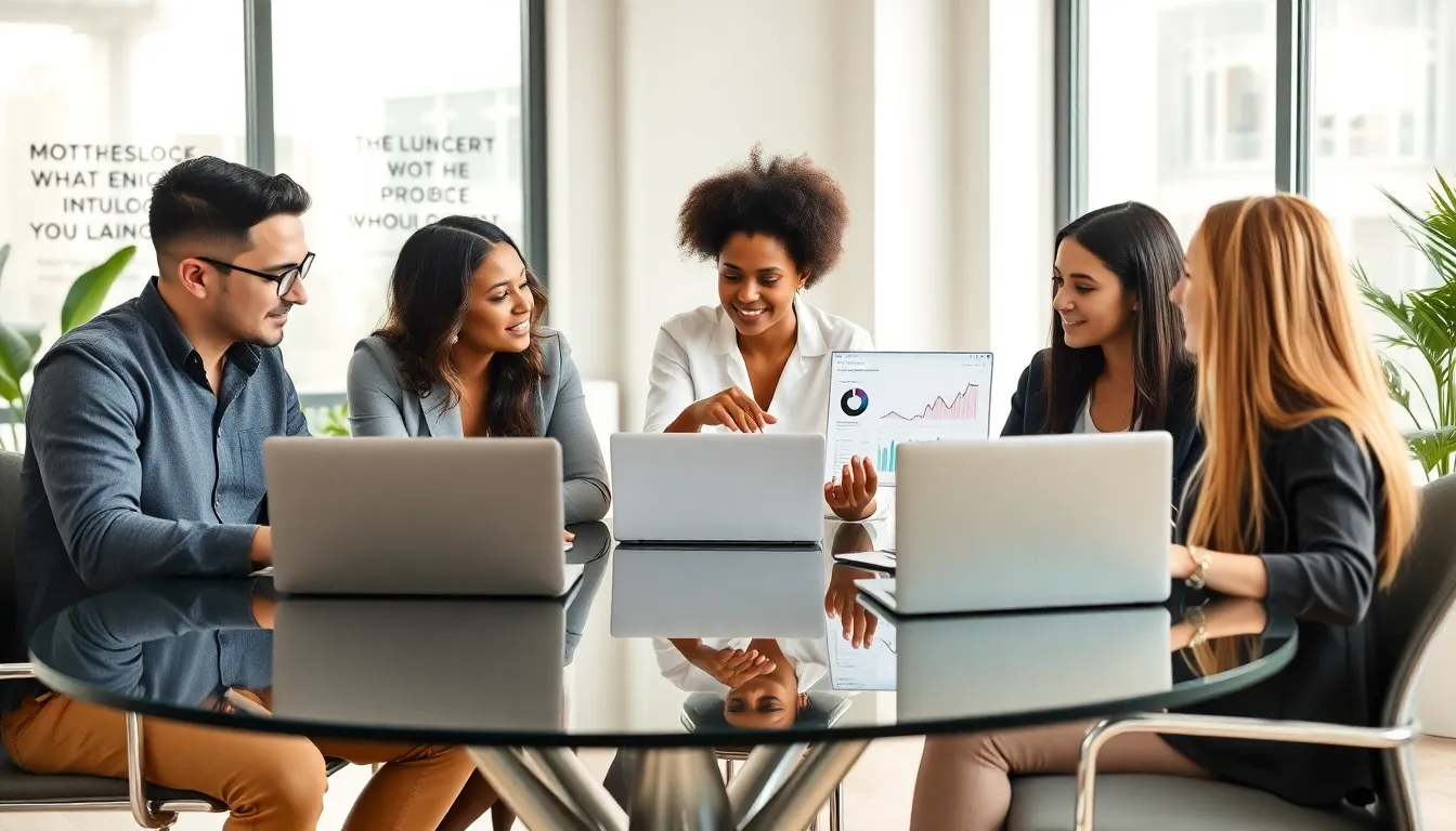 professionals collaborating on influencer marketing strategies in a modern office.