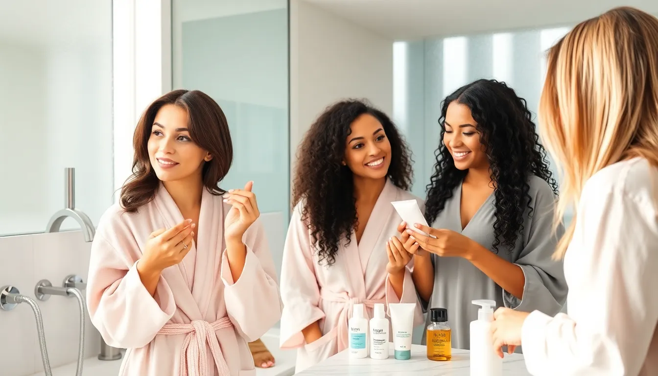 women sharing skincare tips in a bright, modern bathroom.