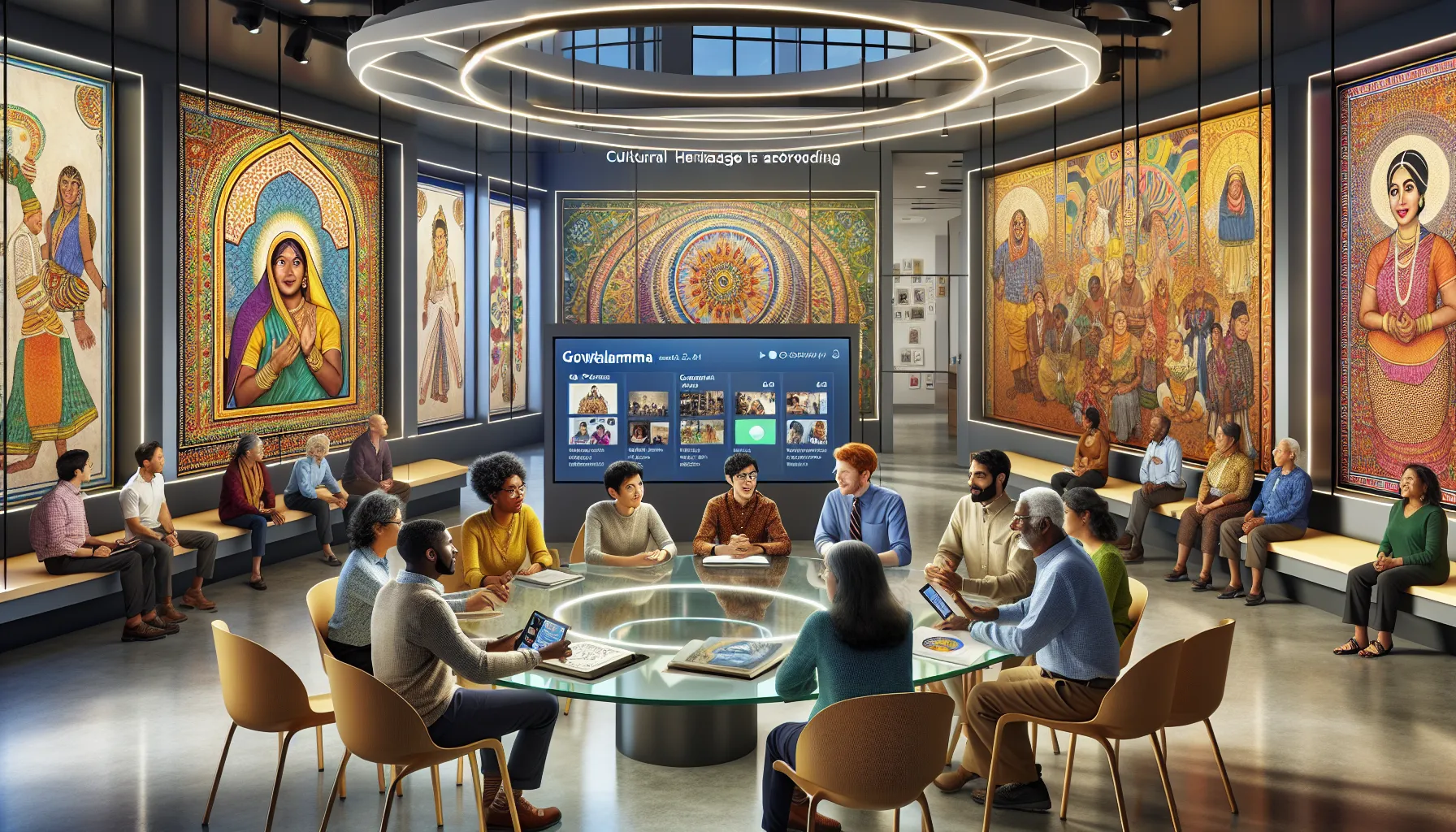 diverse group discussing cultural heritage in a modern community space.