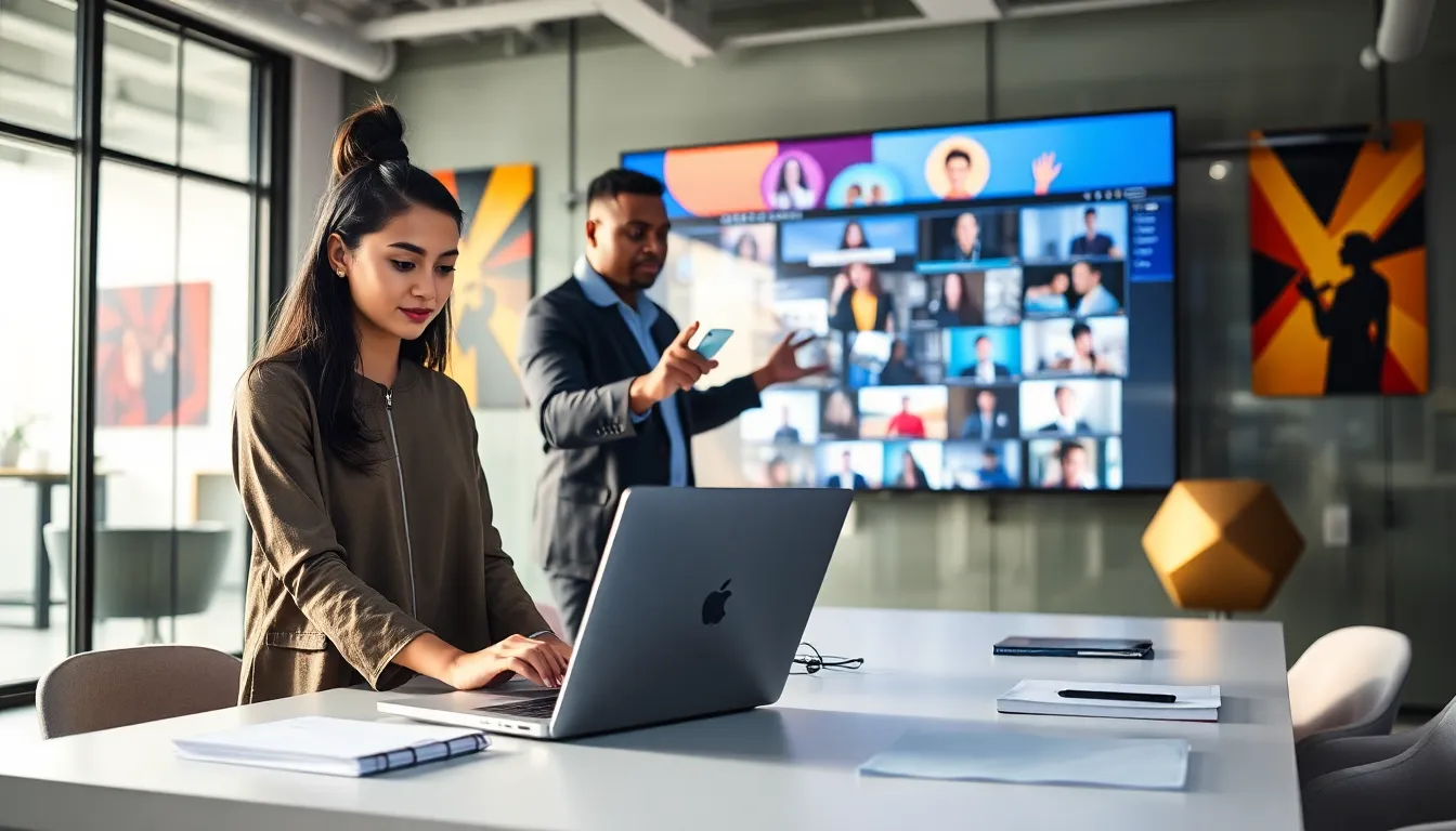 diverse team collaborating on digital storytelling in a modern office.