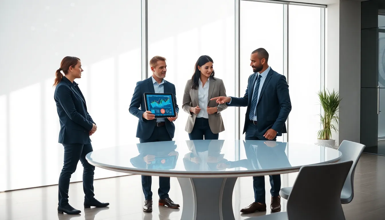 diverse team discussing advanced data transmission technology in a modern office.