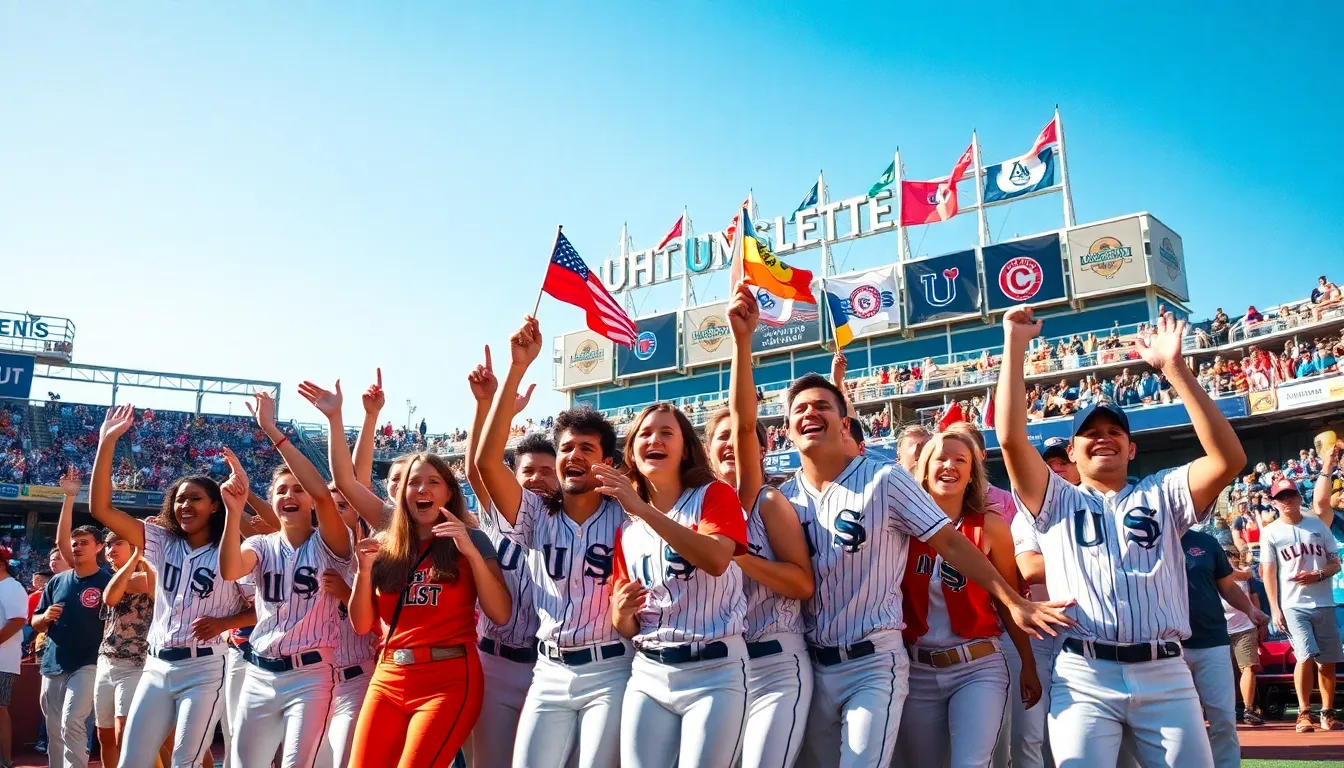 diverse college baseball players celebrate in a lively stadium during the CWS.