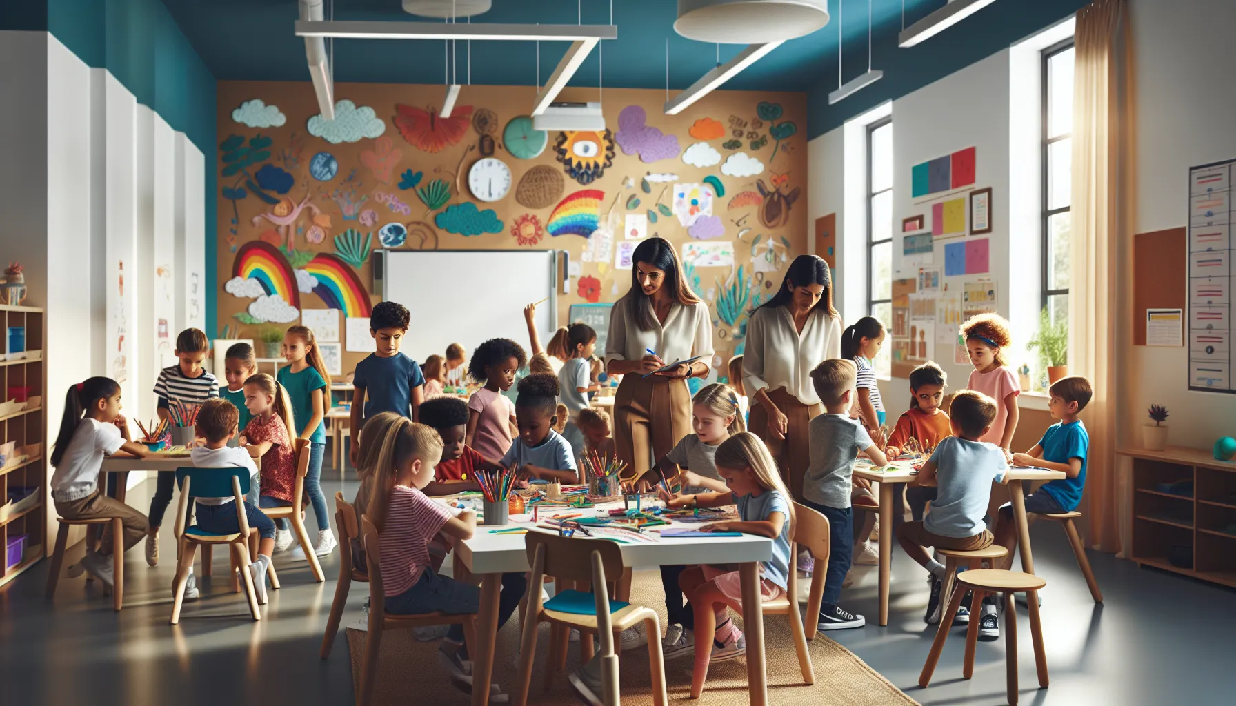children collaborating in a modern classroom with an adult facilitator.