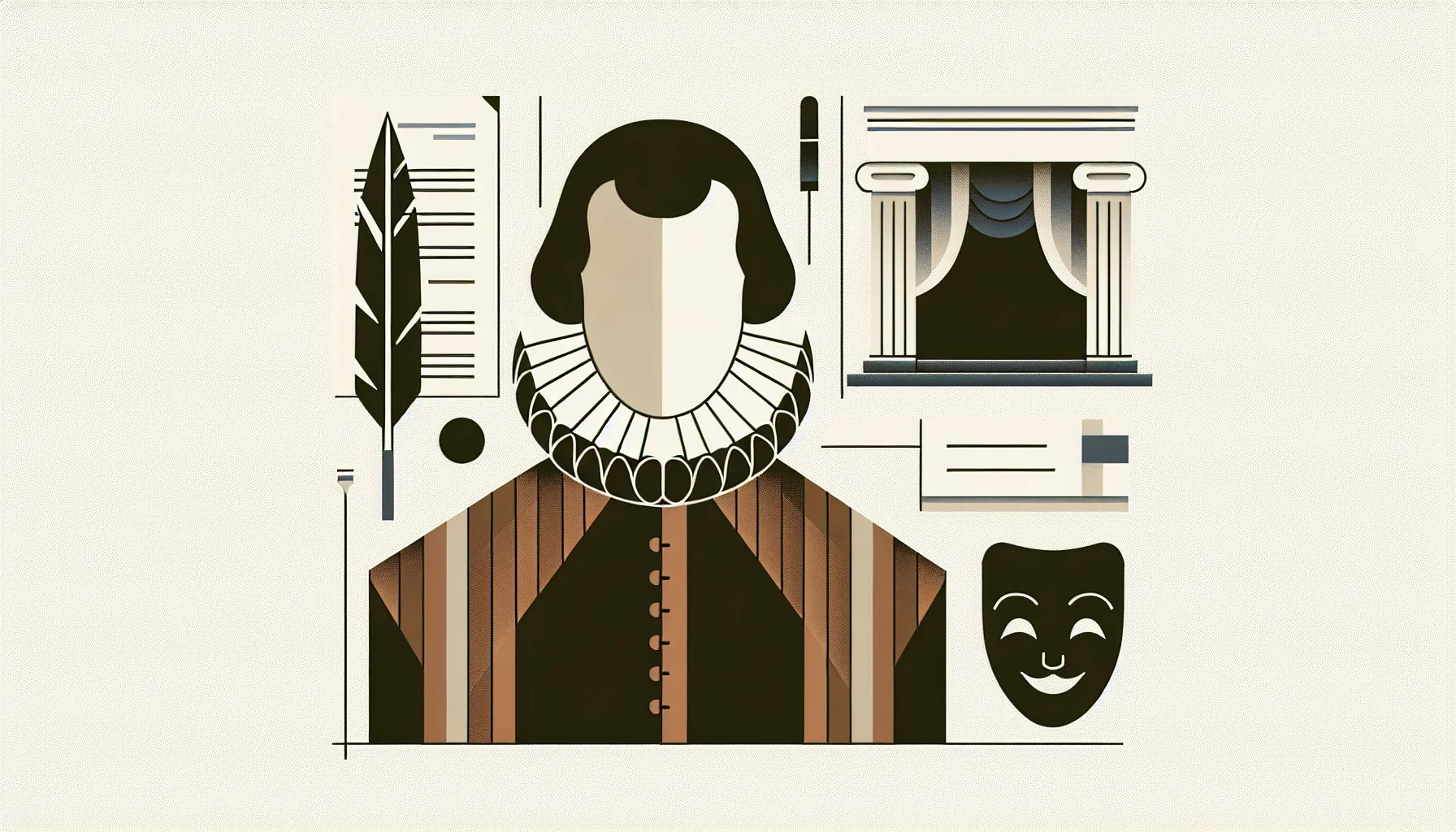 Minimalist illustration of 17th-century French playwright Molière with theatrical and literary symbols