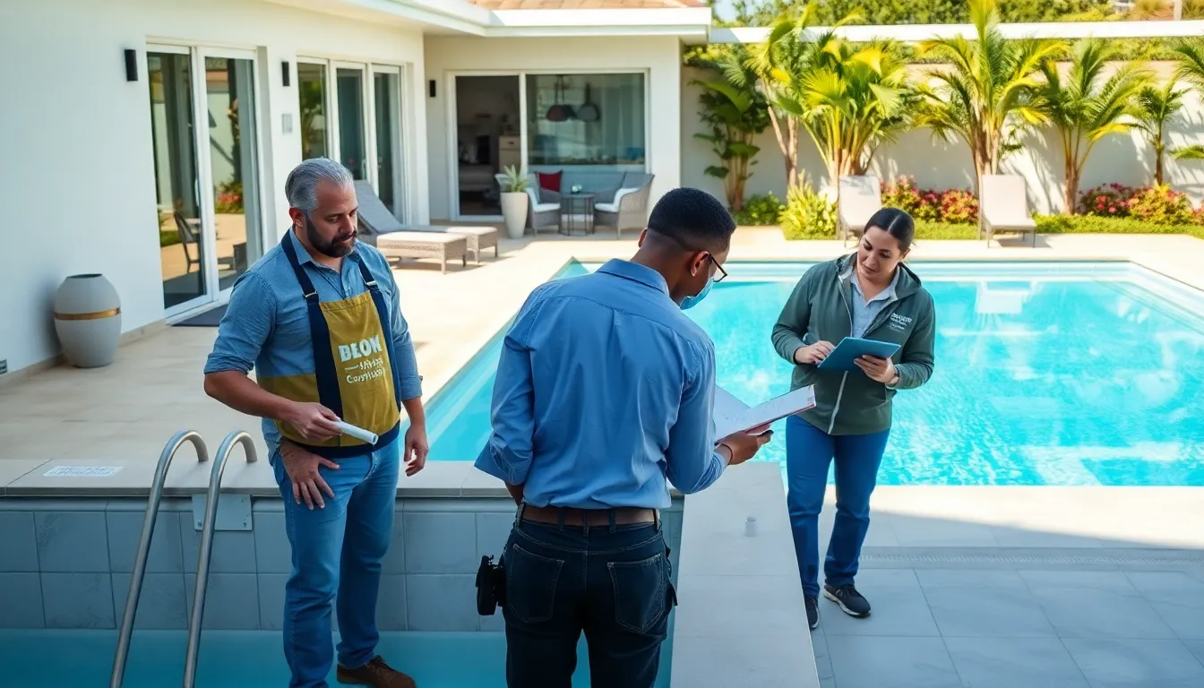 professionals renovating a swimming pool in a modern outdoor setting.
