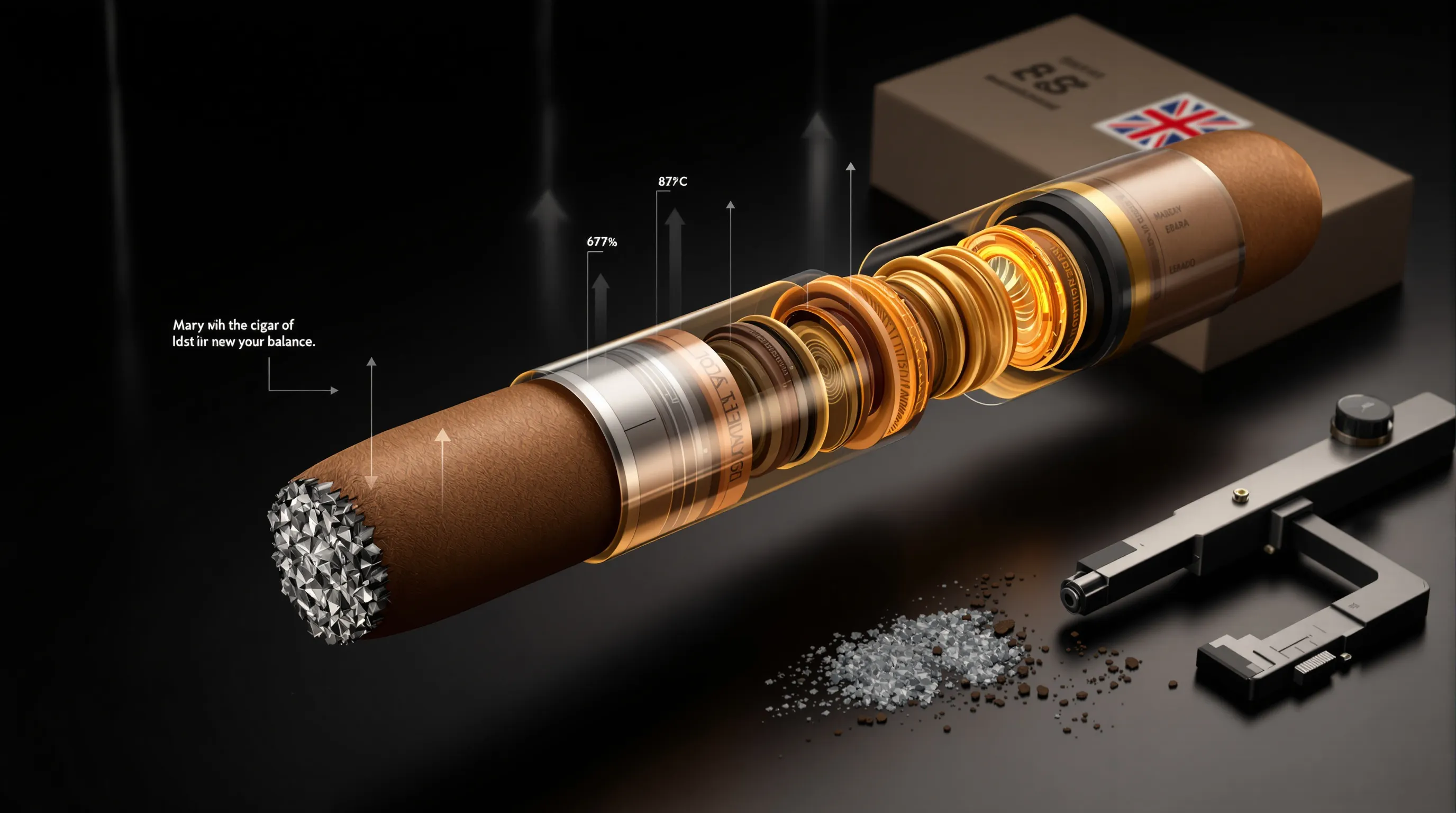 Exploded 3D cigar shows wrapper, binder, filler with burn and ash details.