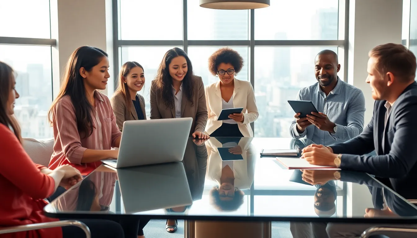 diverse professionals discussing strategies in a modern office setting.
