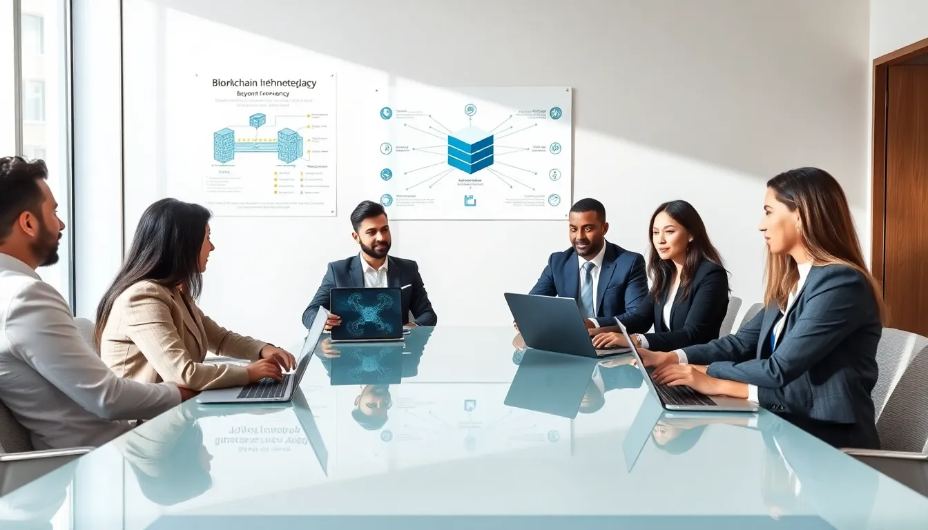 diverse team discussing blockchain technology in a modern office.