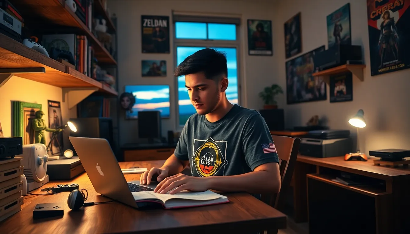 A young Latino man writing in a cozy gaming-themed room.
