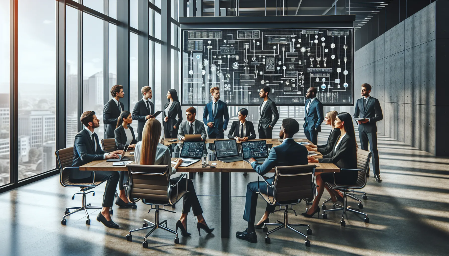 group of professionals discussing technology integration in a modern office.